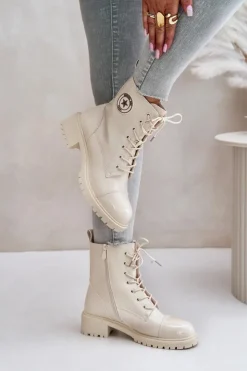 Damskie Boto Botki Workery Na Zamek Ocieplane Beżowe Soratta