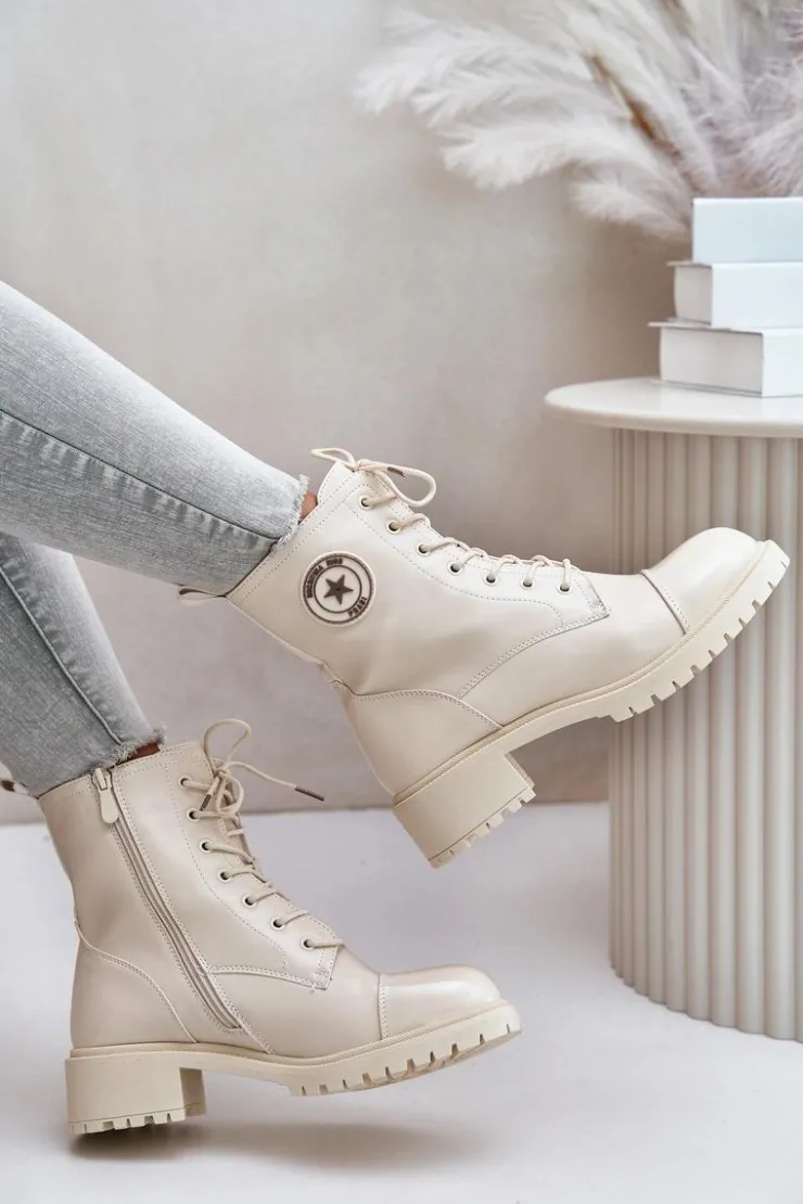 Damskie Boto Botki Workery Na Zamek Ocieplane Beżowe Soratta