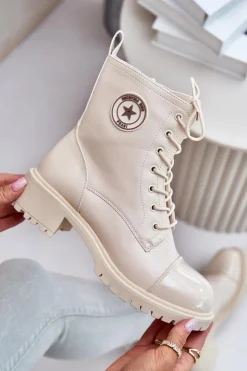 Damskie Boto Botki Workery Na Zamek Ocieplane Beżowe Soratta