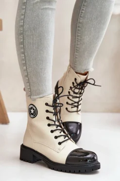 Boto Botki Sznurowane|Botki Płaskie*Botki Workery Na Zamek Ocieplane Beżowo-Czarne Soratta