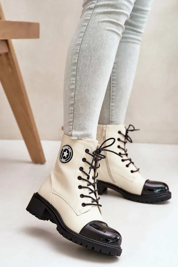 Boto Botki Sznurowane|Botki Płaskie*Botki Workery Na Zamek Ocieplane Beżowo-Czarne Soratta