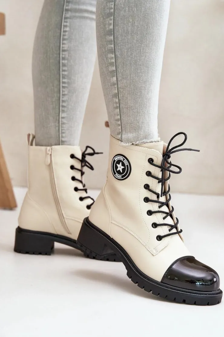 Boto Botki Sznurowane|Botki Płaskie*Botki Workery Na Zamek Ocieplane Beżowo-Czarne Soratta