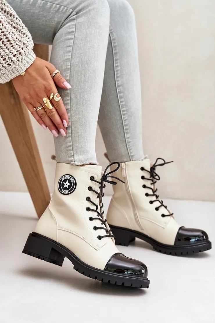 Boto Botki Sznurowane|Botki Płaskie*Botki Workery Na Zamek Ocieplane Beżowo-Czarne Soratta