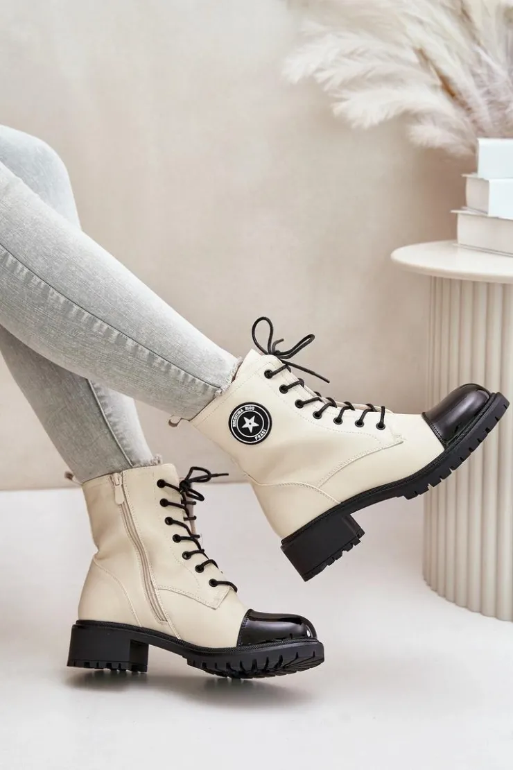 Boto Botki Sznurowane|Botki Płaskie*Botki Workery Na Zamek Ocieplane Beżowo-Czarne Soratta