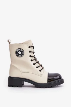 Boto Botki Sznurowane|Botki Płaskie*Botki Workery Na Zamek Ocieplane Beżowo-Czarne Soratta