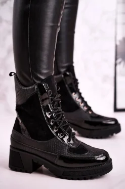 Boto Botki Sznurowane|Czarne Botki*Botki Workery Ocieplane Czarne Print Zwierzęcy Helena