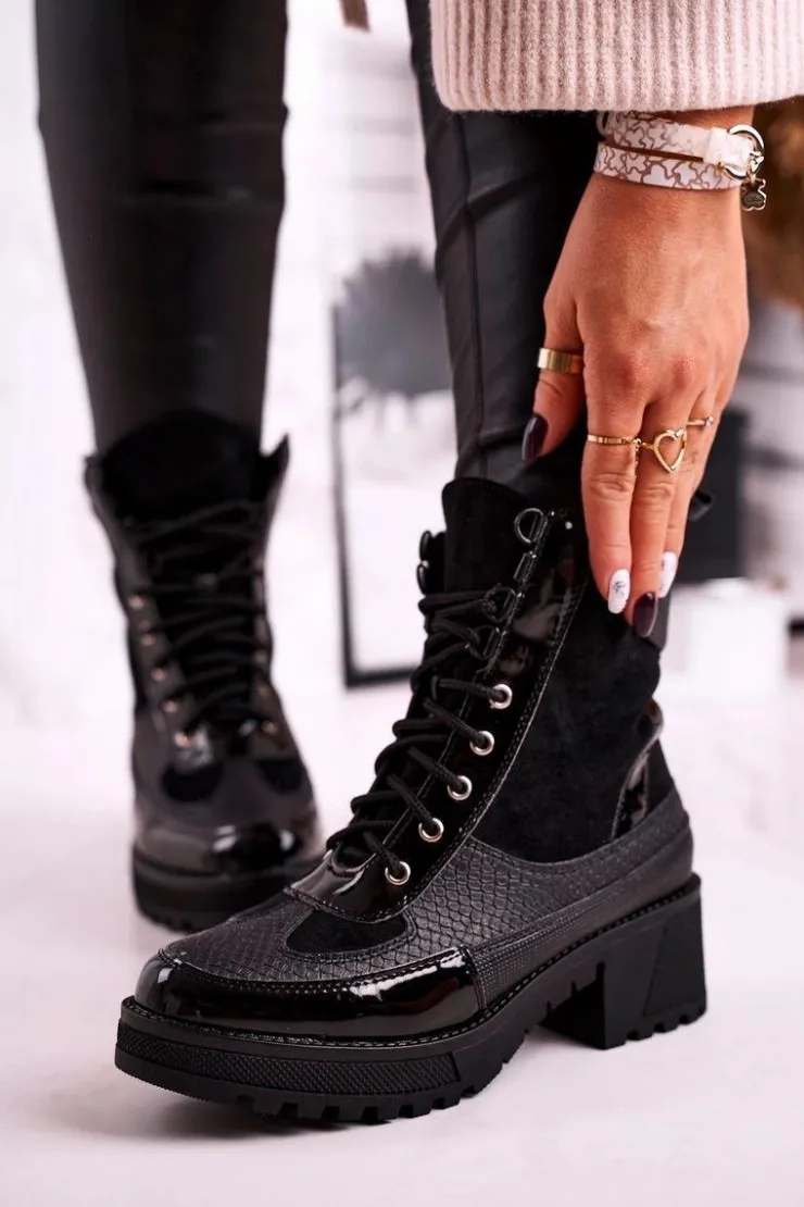 Boto Botki Sznurowane|Czarne Botki*Botki Workery Ocieplane Czarne Print Zwierzęcy Helena