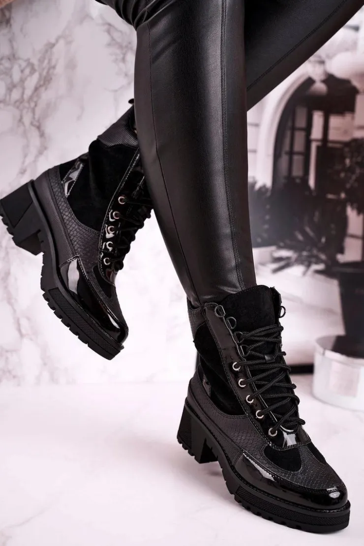 Boto Botki Sznurowane|Czarne Botki*Botki Workery Ocieplane Czarne Print Zwierzęcy Helena