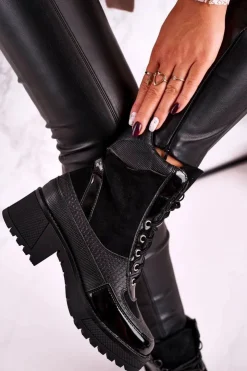 Boto Botki Sznurowane|Czarne Botki*Botki Workery Ocieplane Czarne Print Zwierzęcy Helena