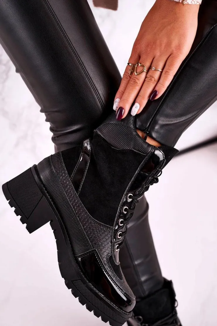 Boto Botki Sznurowane|Czarne Botki*Botki Workery Ocieplane Czarne Print Zwierzęcy Helena