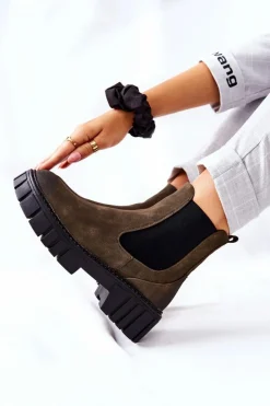 Buty Sergio Leone Czarne Botki|Botki Zimowe Damskie*Botki Workery Trapery Ocieplane Sergio Leone TR761 Zielone