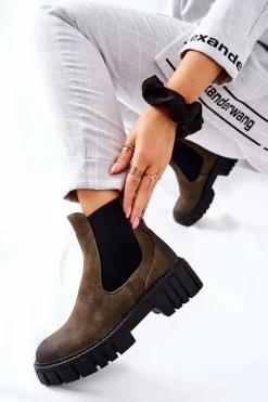 Buty Sergio Leone Czarne Botki|Botki Zimowe Damskie*Botki Workery Trapery Ocieplane Sergio Leone TR761 Zielone