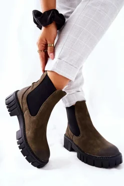 Buty Sergio Leone Czarne Botki|Botki Zimowe Damskie*Botki Workery Trapery Ocieplane Sergio Leone TR761 Zielone