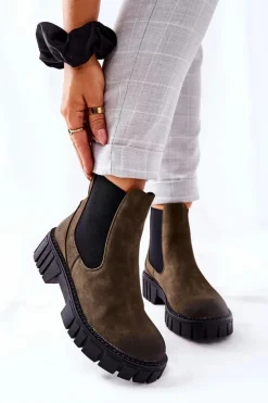 Buty Sergio Leone Czarne Botki|Botki Zimowe Damskie*Botki Workery Trapery Ocieplane Sergio Leone TR761 Zielone