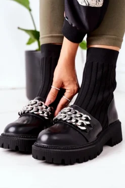 Damskie Boto Botki Workery Z Łańcuchami Czarne Walk This Way