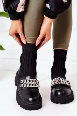 Damskie Boto Botki Workery Z Łańcuchami Czarne Walk This Way
