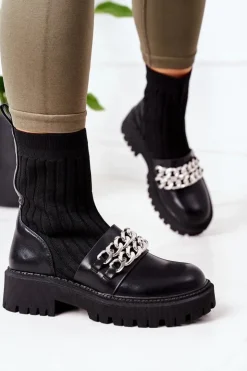 Damskie Boto Botki Workery Z Łańcuchami Czarne Walk This Way