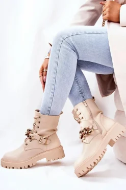 Outlet Boto Botki Workery Z Łańcuchem Beżowe Molisa