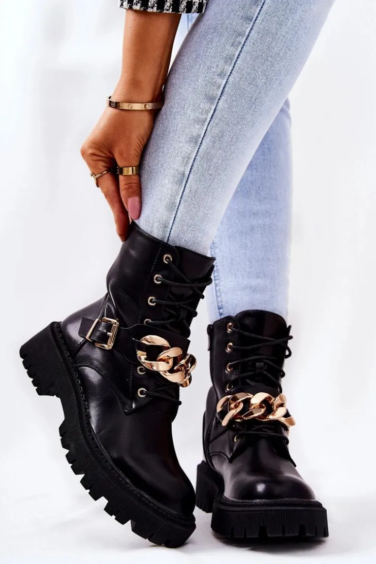 Boto Botki Sznurowane|Czarne Botki*Botki Workery Z Łańcuchem Czarne Molisa