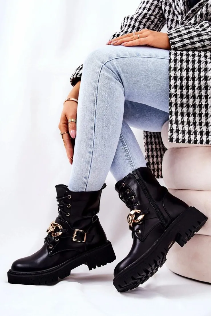 Boto Botki Sznurowane|Czarne Botki*Botki Workery Z Łańcuchem Czarne Molisa