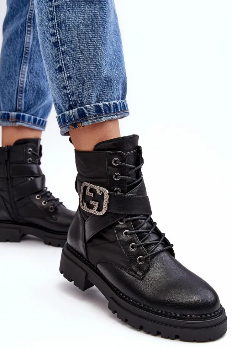 Boto Botki Workery Z Łańcuchem Skórzane Czarne Gennee