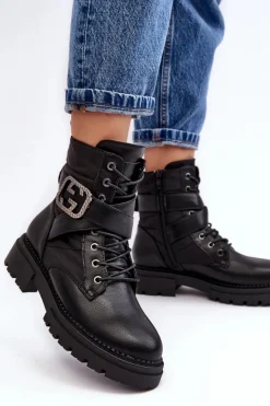 Boto Botki Workery Z Łańcuchem Skórzane Czarne Gennee