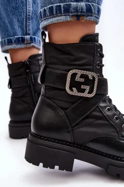 Boto Botki Workery Z Łańcuchem Skórzane Czarne Gennee