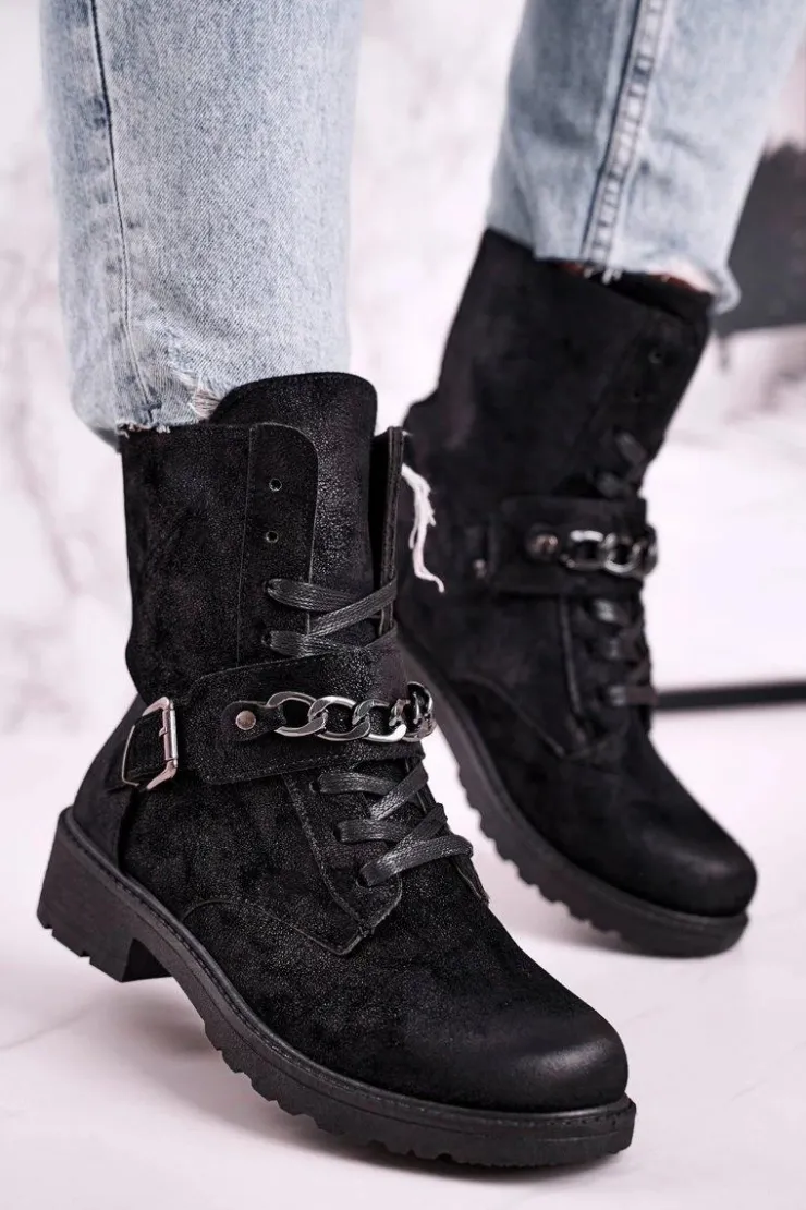 Sale Boto Botki Workery Z Łańcuchem Zamszowe Czarne Augusta