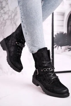 Sale Boto Botki Workery Z Łańcuchem Zamszowe Czarne Augusta