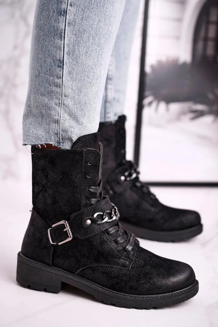 Sale Boto Botki Workery Z Łańcuchem Zamszowe Czarne Augusta