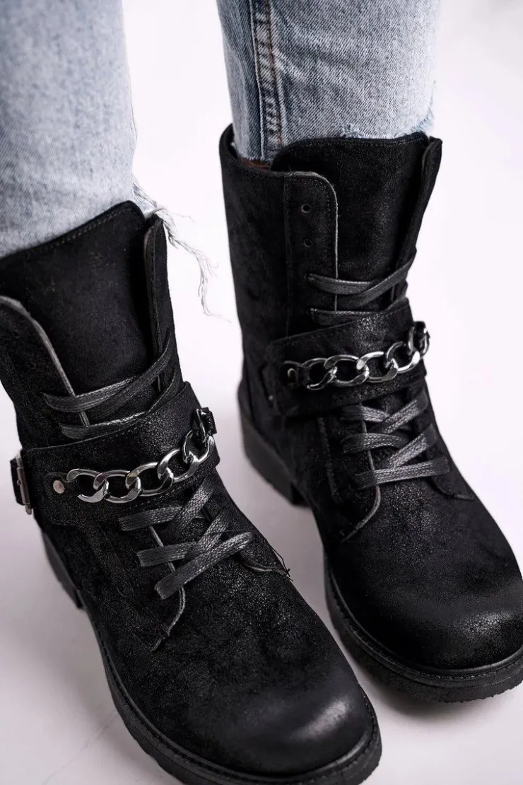 Sale Boto Botki Workery Z Łańcuchem Zamszowe Czarne Augusta