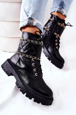 Sale Boto Botki Workery Z Łańcuszkiem Czarne Caleanor