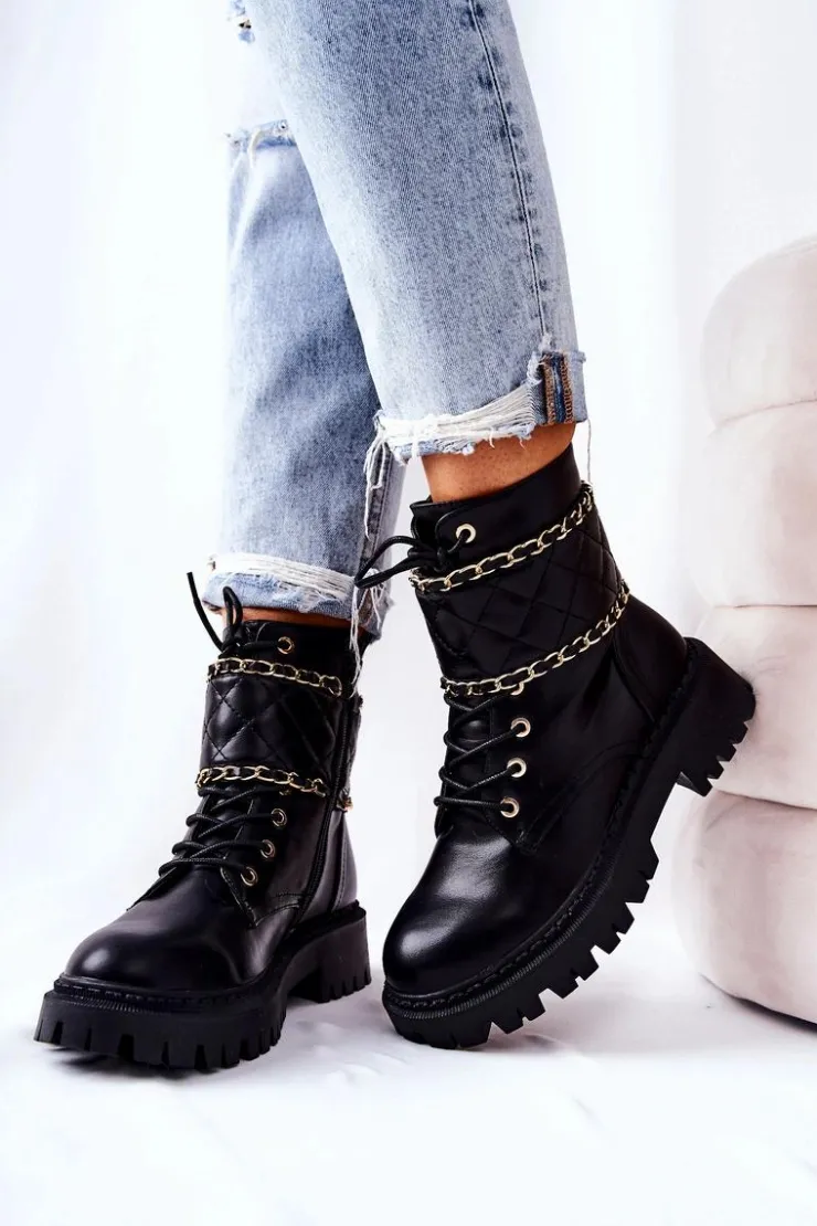 Sale Boto Botki Workery Z Łańcuszkiem Czarne Caleanor