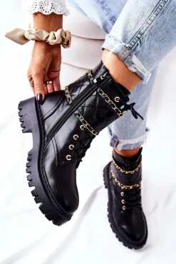 Sale Boto Botki Workery Z Łańcuszkiem Czarne Caleanor