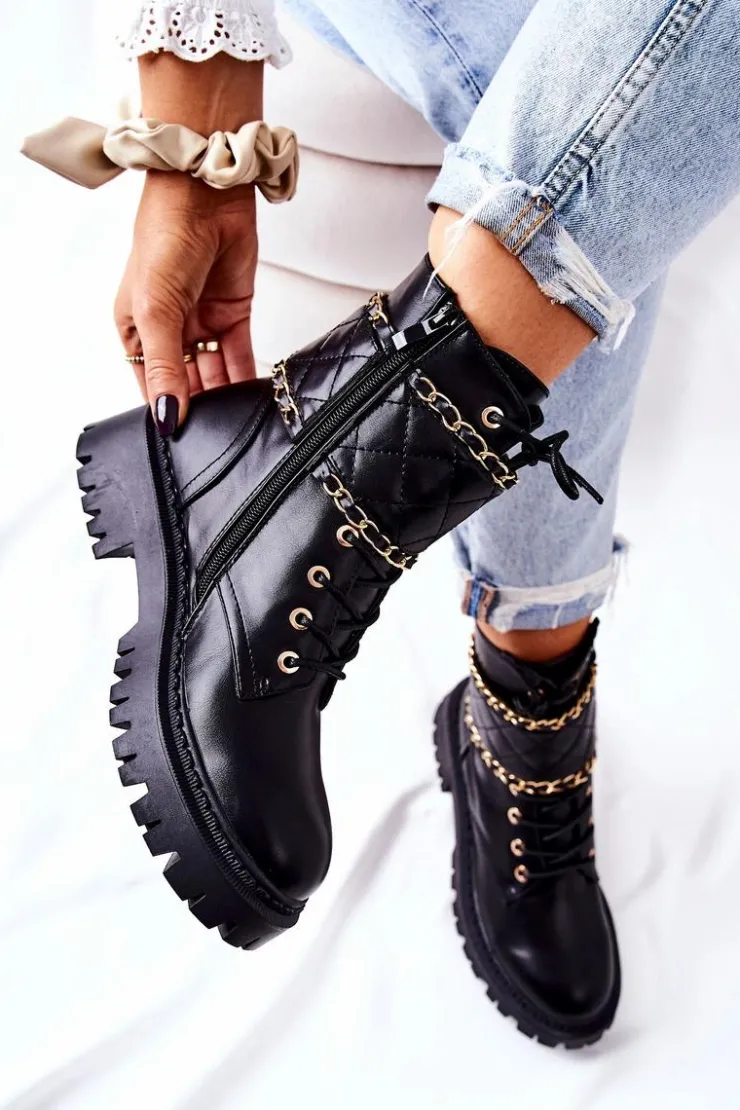Sale Boto Botki Workery Z Łańcuszkiem Czarne Caleanor