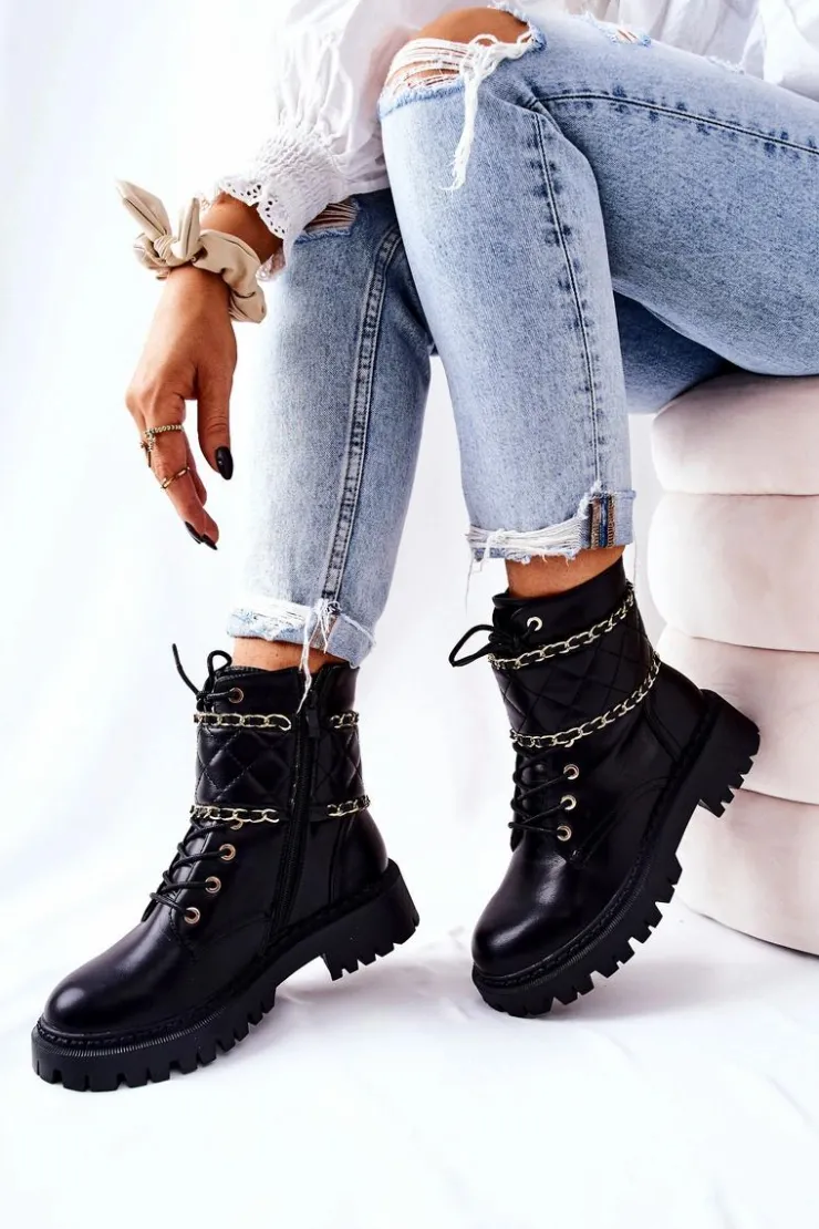 Sale Boto Botki Workery Z Łańcuszkiem Czarne Caleanor