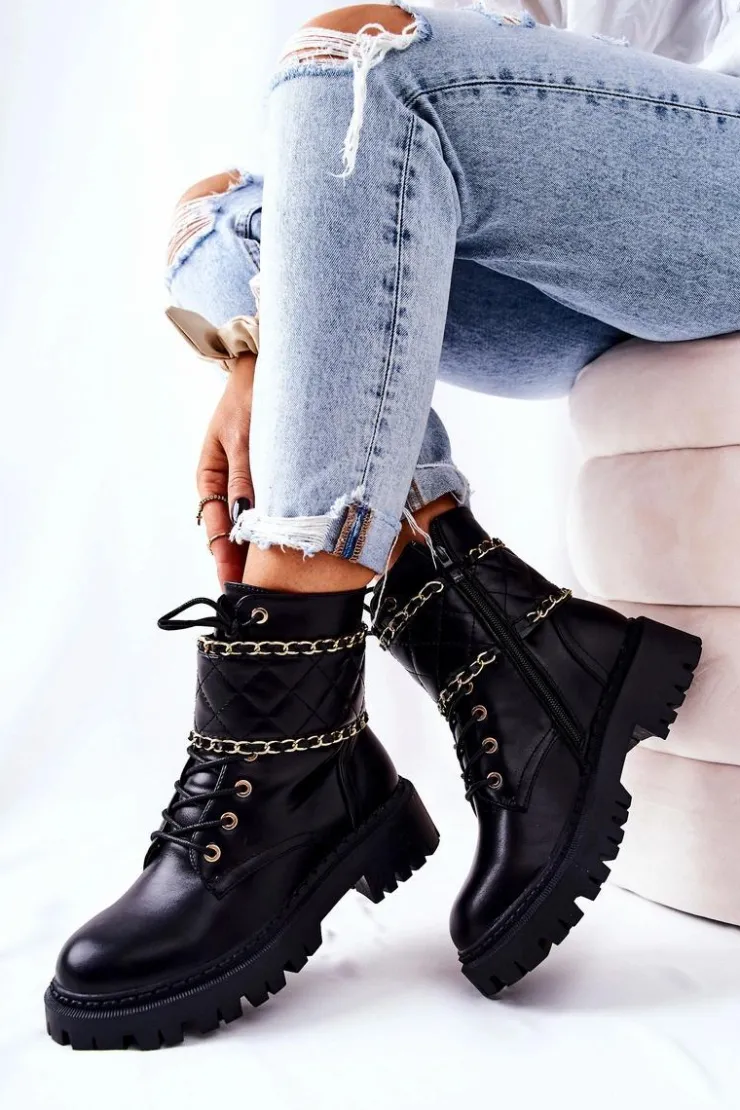 Sale Boto Botki Workery Z Łańcuszkiem Czarne Caleanor