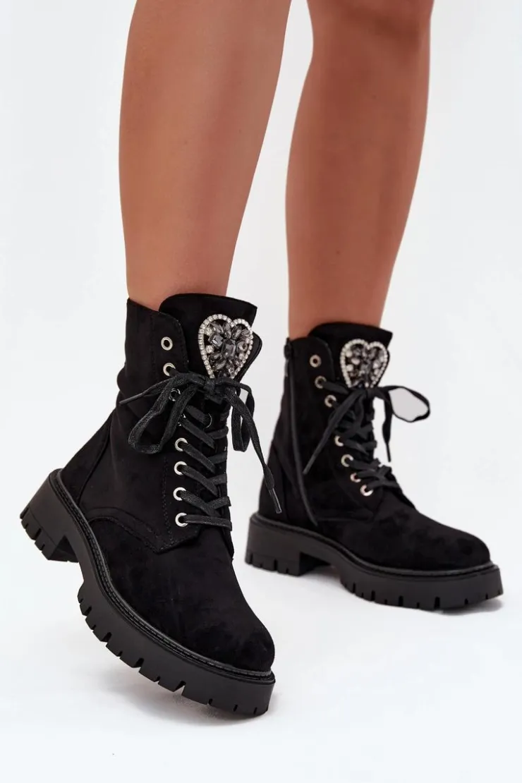 Clearance Boto Botki Workery Z Biżuteryjną Ozdobą Ocieplane Eko Zamszowe Czarne Miryssa Czarny