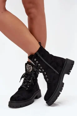 Clearance Boto Botki Workery Z Biżuteryjną Ozdobą Ocieplane Eko Zamszowe Czarne Miryssa Czarny