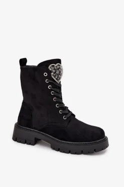 Clearance Boto Botki Workery Z Biżuteryjną Ozdobą Ocieplane Eko Zamszowe Czarne Miryssa Czarny