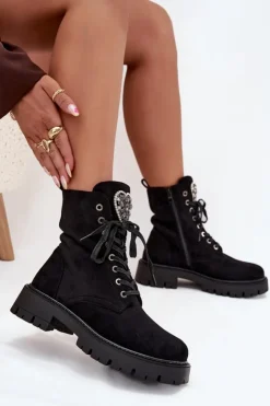 Clearance Boto Botki Workery Z Biżuteryjną Ozdobą Ocieplane Eko Zamszowe Czarne Miryssa Czarny