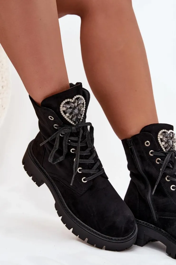 Clearance Boto Botki Workery Z Biżuteryjną Ozdobą Ocieplane Eko Zamszowe Czarne Miryssa Czarny