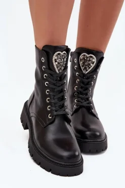 Damskie Boto Botki Workery Z Biżuteryjną Ozdobą Ocieplane Eko Skórzane Czarne Miryssa