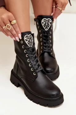 Damskie Boto Botki Workery Z Biżuteryjną Ozdobą Ocieplane Eko Skórzane Czarne Miryssa