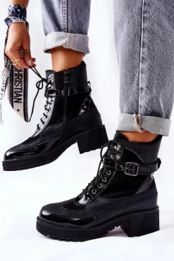 Damskie Boto Botki Workery Z Klamrą Czarne Devera