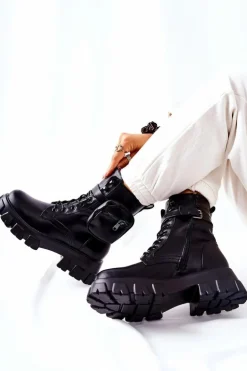 Damskie Boto Botki Workery Z Nerką Na Pasku Czarne Lanstrom