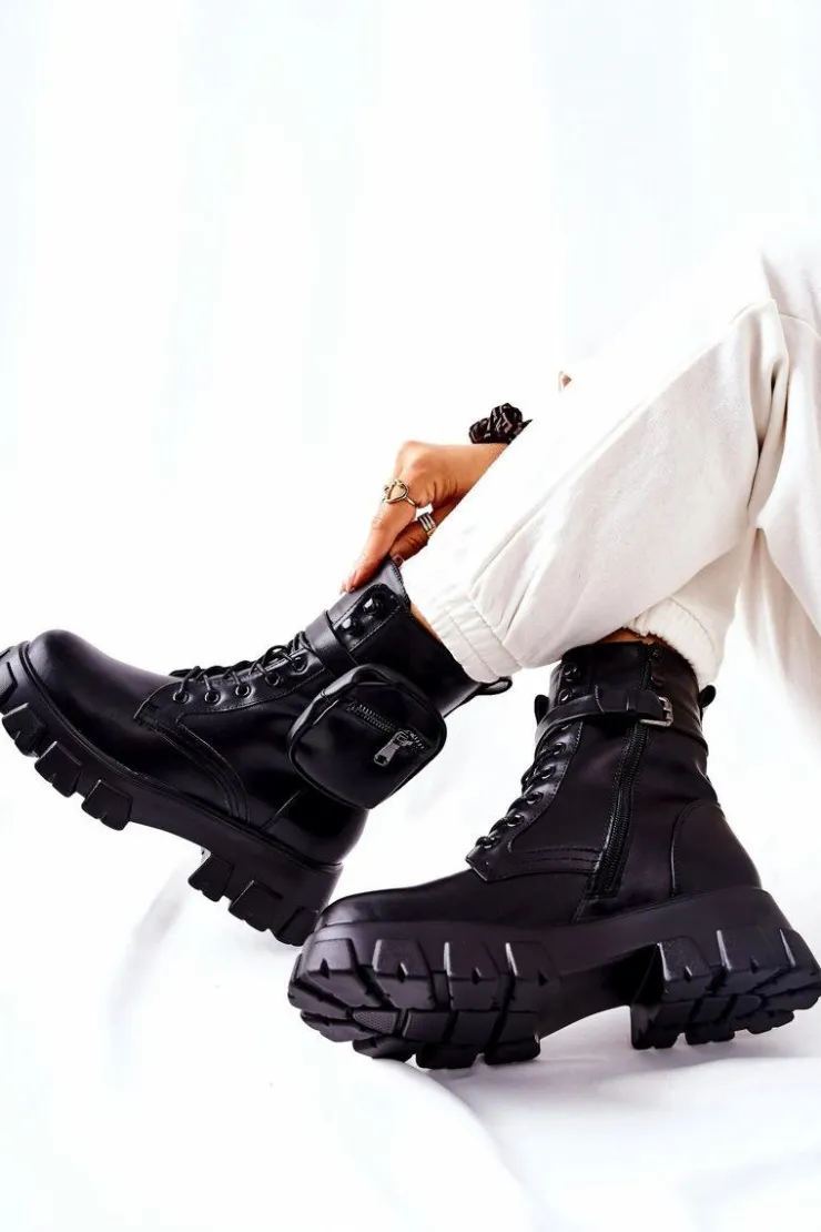 Damskie Boto Botki Workery Z Nerką Na Pasku Czarne Lanstrom