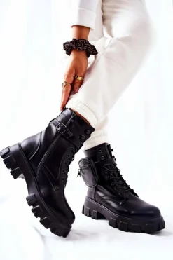 Damskie Boto Botki Workery Z Nerką Na Pasku Czarne Lanstrom