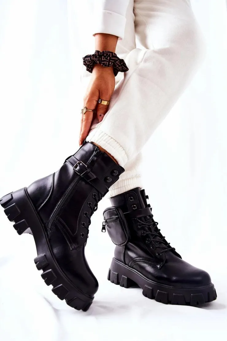 Damskie Boto Botki Workery Z Nerką Na Pasku Czarne Lanstrom