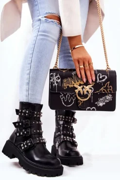 Damskie Boto Botki Workery Z Paskami Ćwieki Czarne Brenna